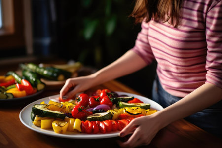 woman arranging grilled veggies on the plateの素材