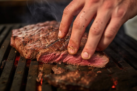 char marks visible on hand flipping steakの素材