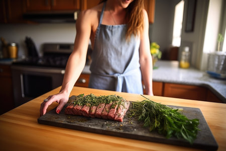 woman in apron admiring herb-rubbed steak, ready for grillingの素材