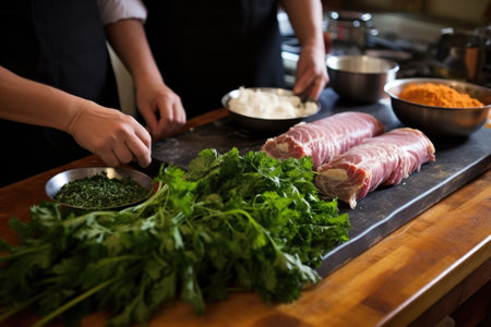 two cooks preparing herb-crusted porkの素材