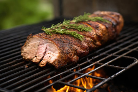 bone-in herb-crusted pork being rotated on grillの素材