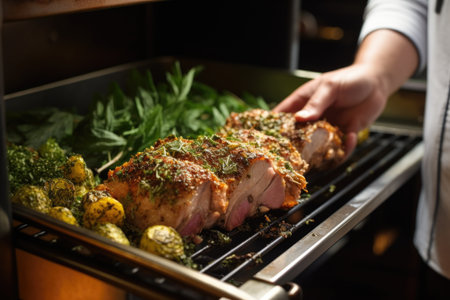 chef putting herb-crusted pork in ovenの素材