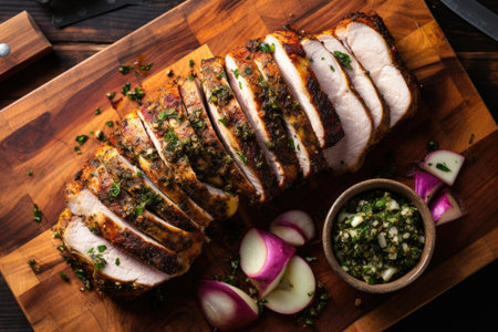 overhead shot of herb-crusted pork on boardの素材