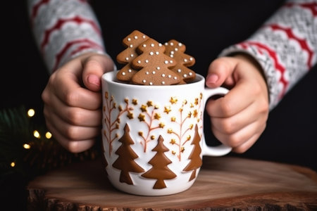 hands holding a gingerbread latte mug near a christmas treeの素材