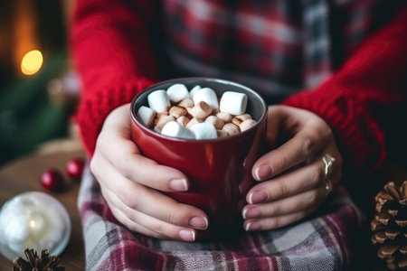 female hand holding a mug filled with hot chocolate and marshmallowsの素材