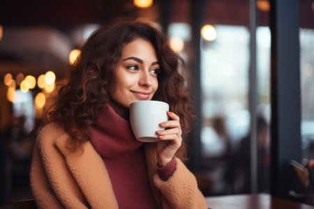 woman sipping coffee in cafeの素材
