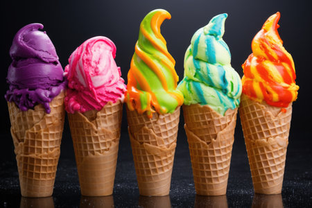 rainbow-colored ice cream in conesの素材