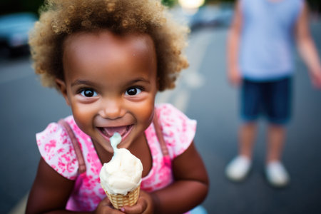 child with ice cream cone, wide-eyed at another bigger oneの素材