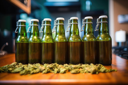 home brewer bottled ipa beer arranged in a rowの素材