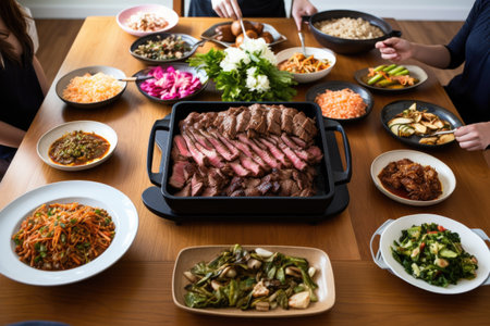 gathering around a table set with bulgogi and sidesの素材
