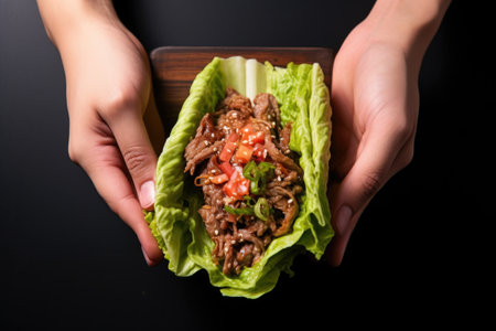 hands reaching for bulgogi wrapped in lettuce leafの素材