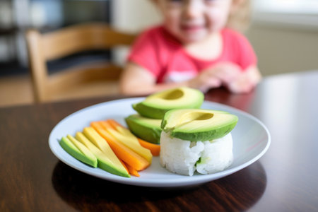 rice cake with avocado before a giggling toddlerの素材