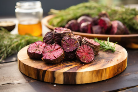 roasted beets served on a wooden boardの素材