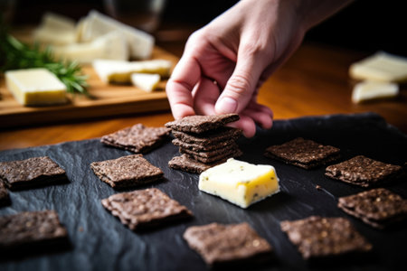 hand garnishing rye crackers with small cheese cubesの素材