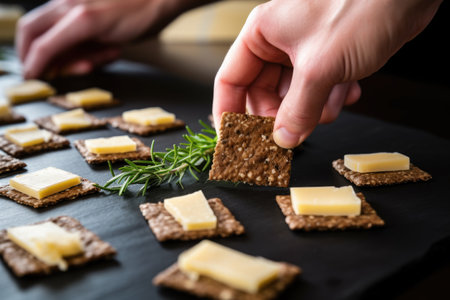 hand garnishing rye crackers with small cheese cubesの素材