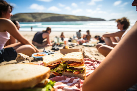 people picnic with a sandwich and chips at a beachの素材