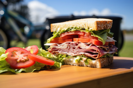lunchbox sandwich with bicycle in the backgroundの素材