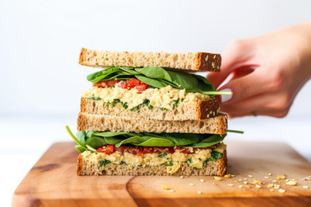 hand spreading hummus on a multigrain sandwich breadの素材