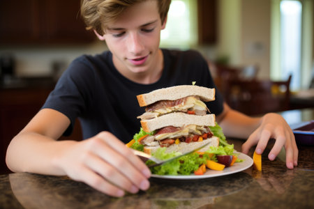 teen building a turkey sandwich on ryeの素材
