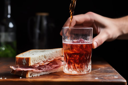 washing down a sourdough sandwich with a drinkの素材