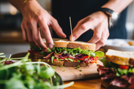 human hand garnishing a sandwich and a salad on the sideの素材