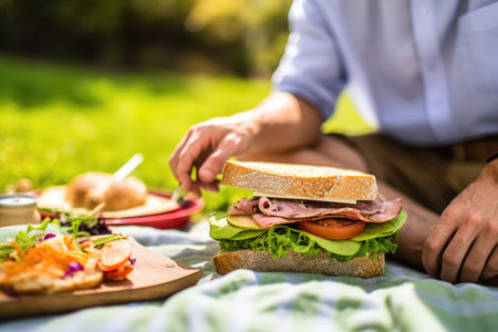 a person enjoying a sandwich and salad at an outdoor picnicの素材