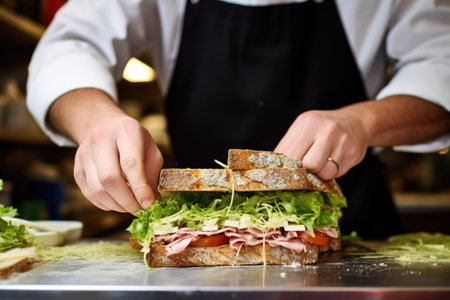 chef adding lettuce to a sandwich in a delicatessenの素材