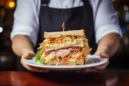 waiter serving sandwich with coleslaw in dinerの素材