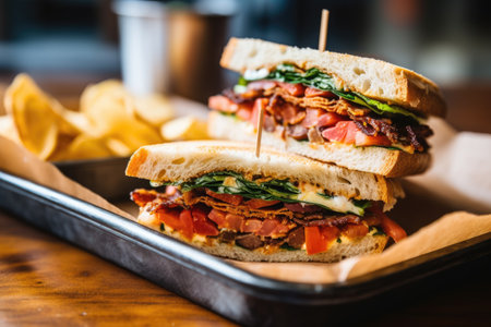a detailed shot of a sandwich with crispy bacon in a lunch trayの素材