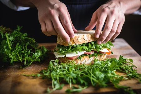 a chefs hands skillfully laying fresh herbs on a sandwichの素材