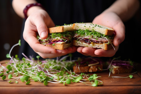hand reaching for sandwich with microgreens on tableの素材
