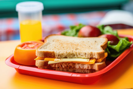 cheese sandwich in a school kids lunch boxの素材