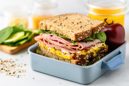 lunch box with a sandwich filled with mustardの素材