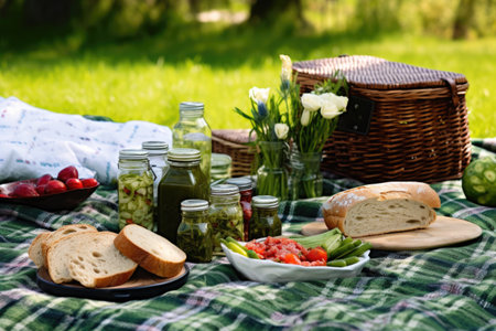 picnic scene with spread out blanket, basket and sandwiches with picklesの素材