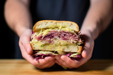 hands candidly holding an unwrapped sauerkraut sandwichの素材