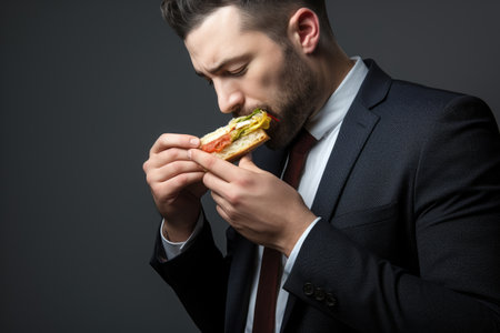 man in a suit quickly eating a sandwich with spicy mayoの素材