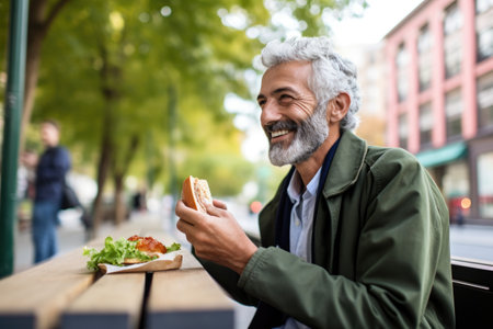 man enjoying a sandwich on a city benchの素材