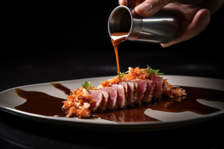 individual pouring a sauce over a seared tuna steakの素材