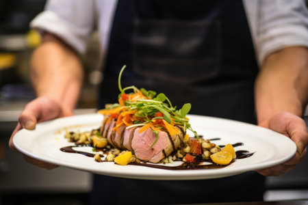 person presenting a cooked tuna steak with a garnishの素材