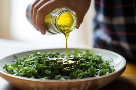 person drizzling dressing over seaweed saladの素材
