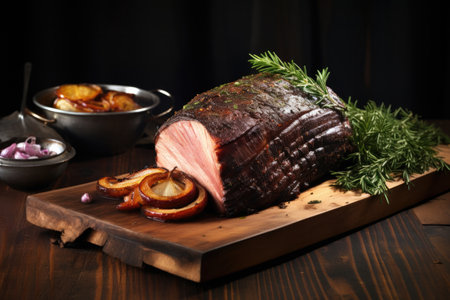 smoked beef brisket on a rustic wooden plankの素材