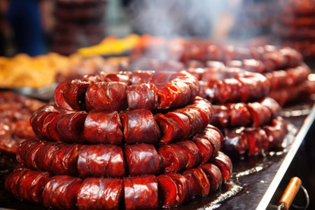 exotic smoked sausages at an international food fairの素材