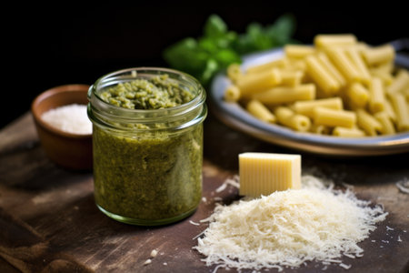 drum of parmesan cheese next to spelt pasta with pestoの素材