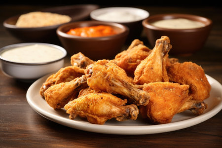 close-up of spicy wings with dipping sauce in backgroundの素材
