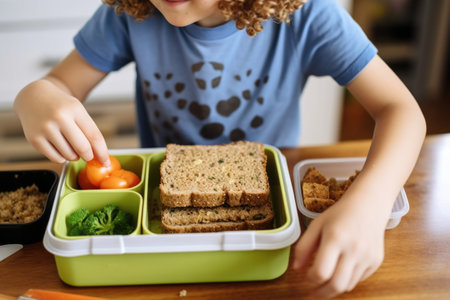 child packing sprouted grain bread in lunchboxの素材