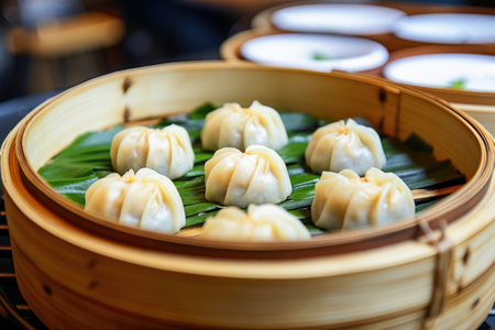 steamed dumplings in bamboo steamer at cafeの素材