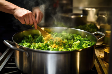 man stirring steamed vegetable in a large potの素材