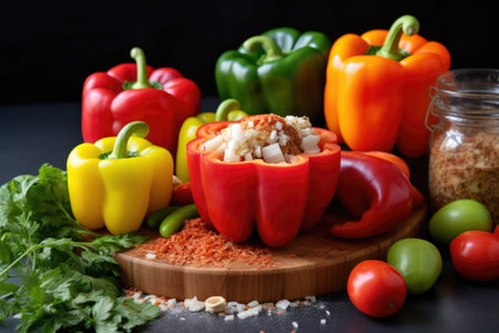 extra ingredients spilling out of a stuffed bell pepperの素材