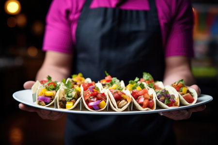 restaurant waiter serving a tray of colorful and tasty tacosの素材