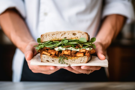 tempeh sandwich in the hands of a chefの素材